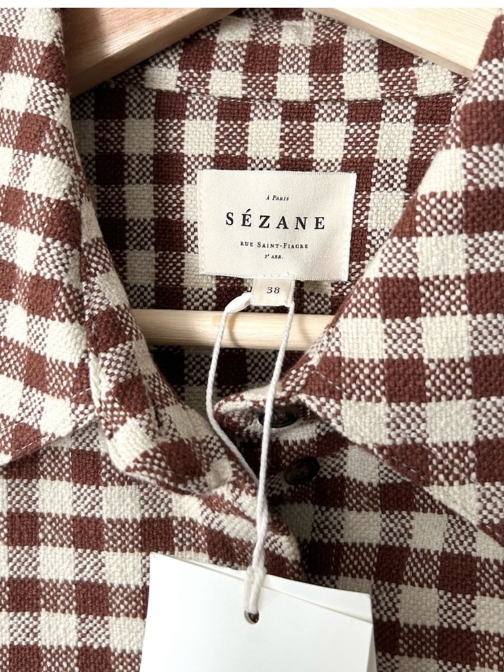 NWT Sezane Maelle Cotton Linen Shirt Jacket Brown Gingham Ecru FR 38 US 6 - Picture 8 of 10